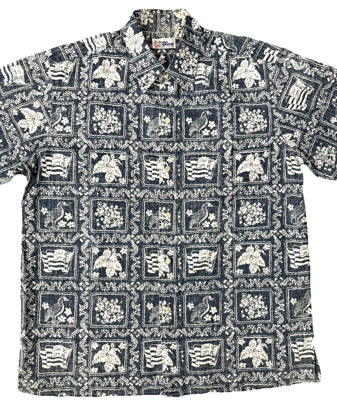 Reyn Spooner Lahaina Sailor Button Up Shirt Mens Large Blue Reverse Print
