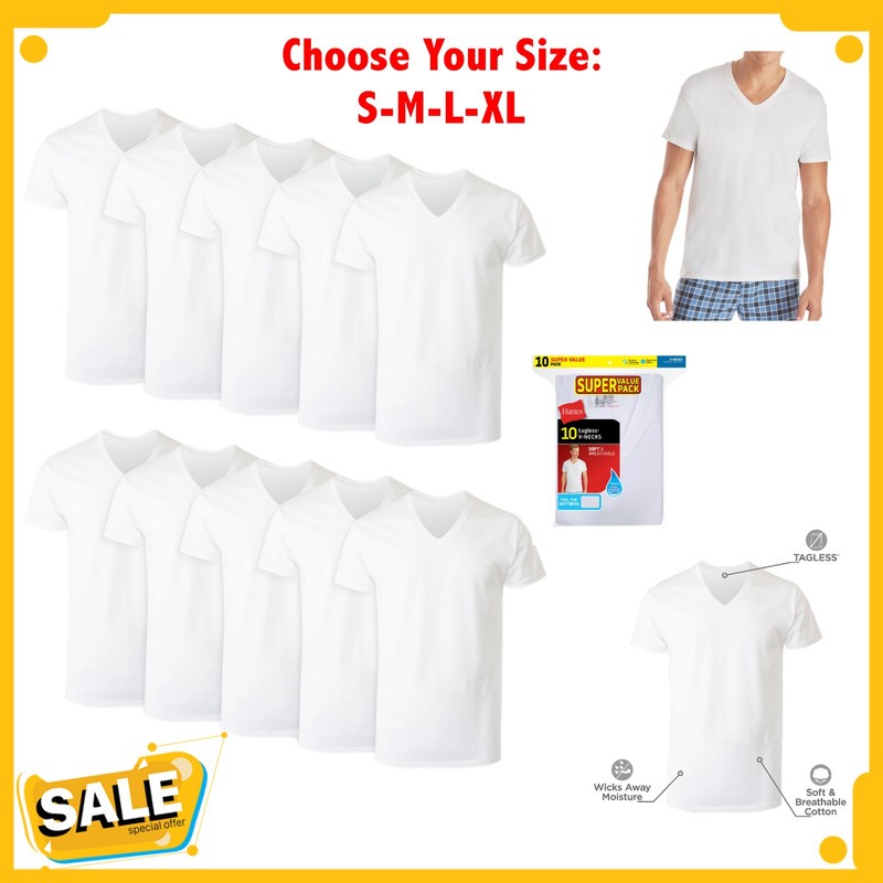 Hanes Men’s Undershirt 10-Pack ComfortSoft White V-Neck T-Shirt Tee Short Sleeve