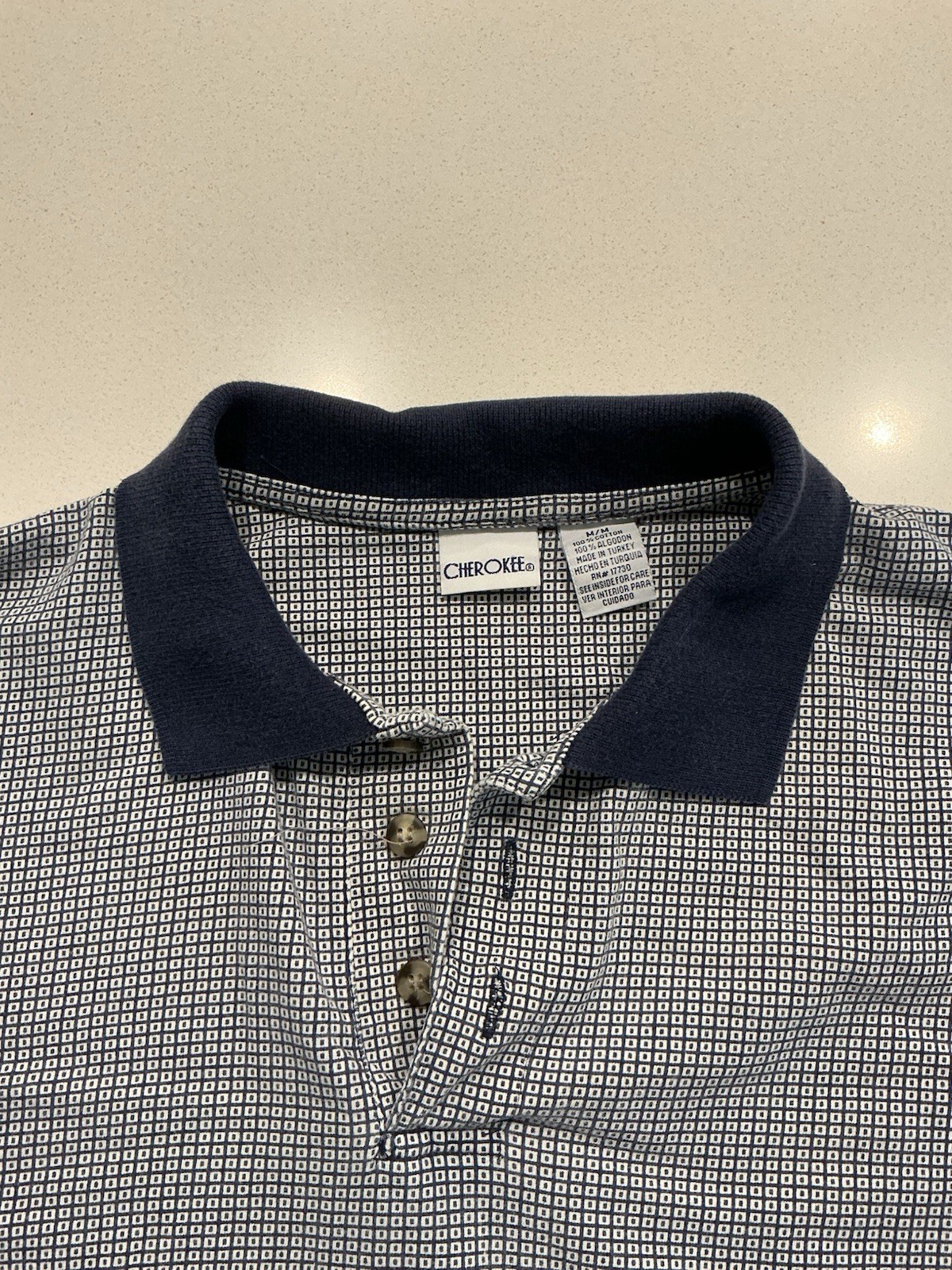 Cherokee Polo Shirt – Men’s Medium – Cotton – Short Sleeve Geometric Blue/White