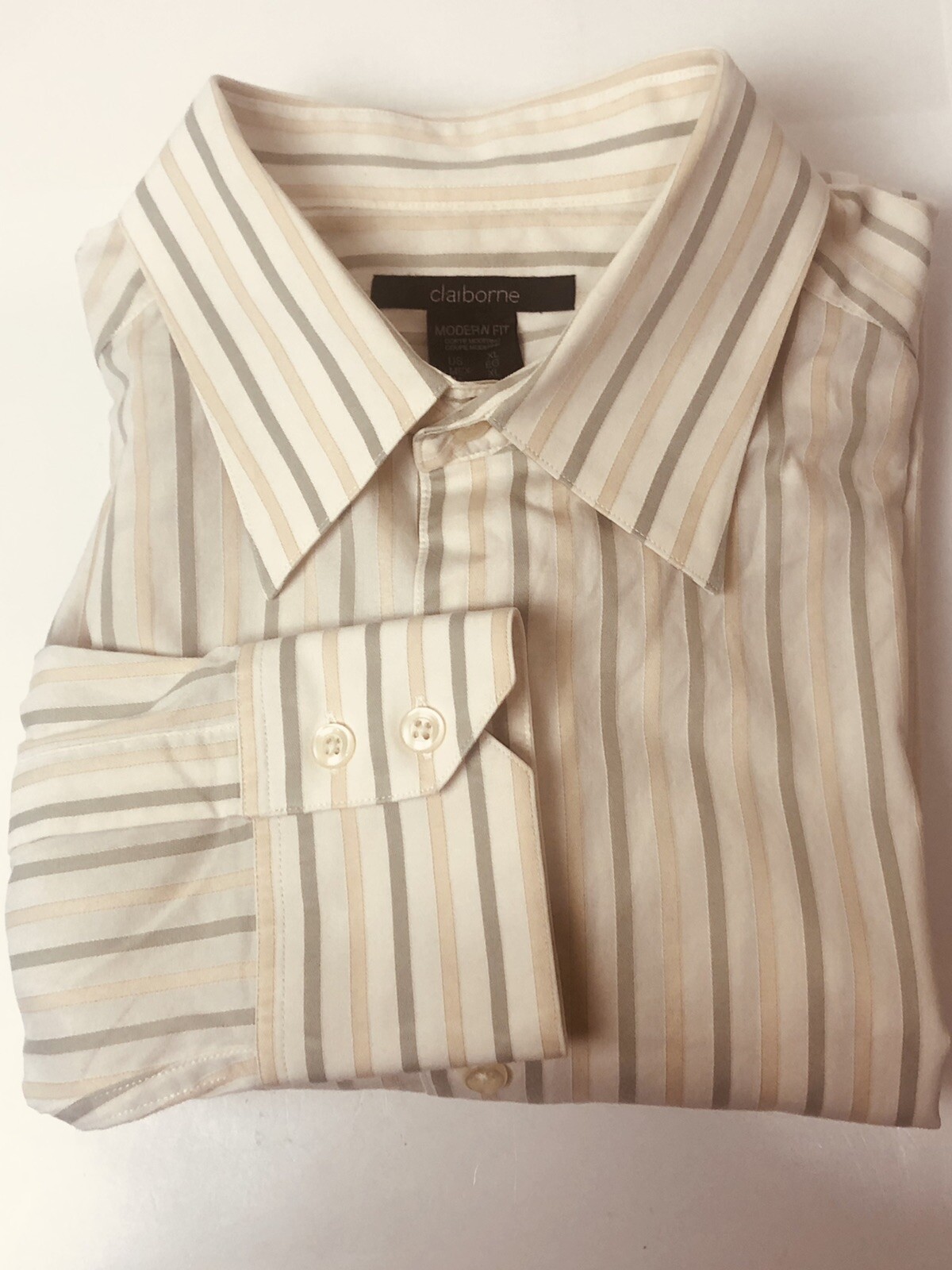 Claiborne Dress Shirt Size XLG Long Sleeve Men’s Cotton Beige/Olive/Tan Striped