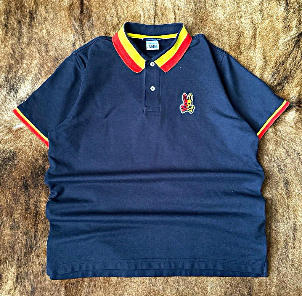 Psycho Bunny Men’s Navy Polo Red/Yellow Collar Trim Embroidered Logo