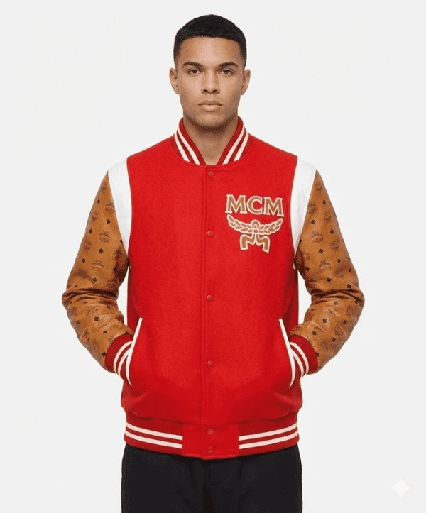 MCM Varsity Bomber Jacket Vintage Authentic Monogram Leather Sleeves