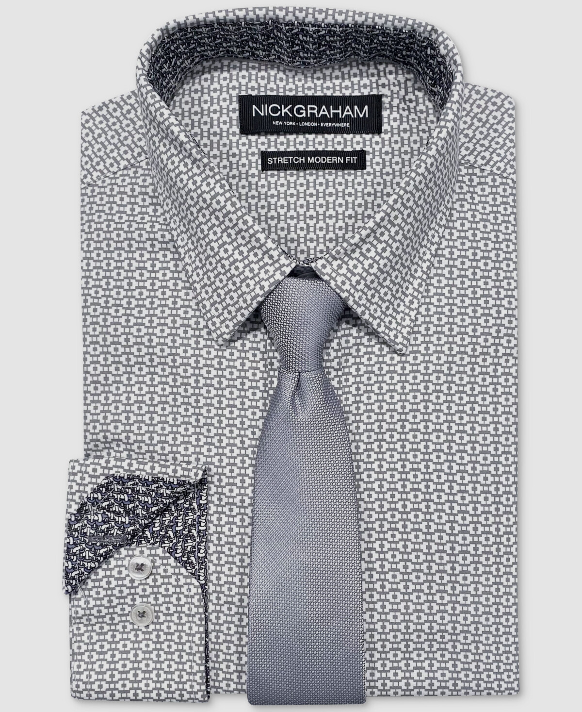 Nick Graham Gray Geo-Print Dress Shirt & Slim Tie Set Size 14.5-15 34-35