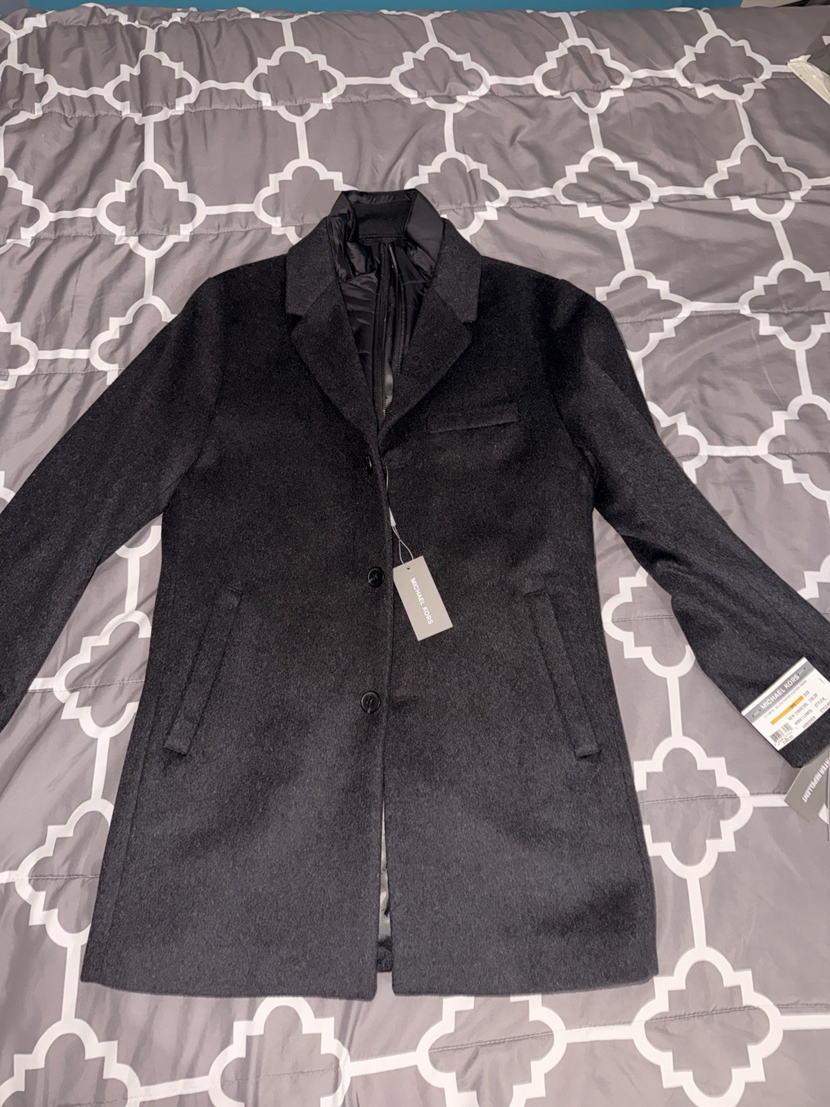 Michael Kors Men’s Charcoal Slim Fit Overcoat 36S Button Notch Lined Pockets
