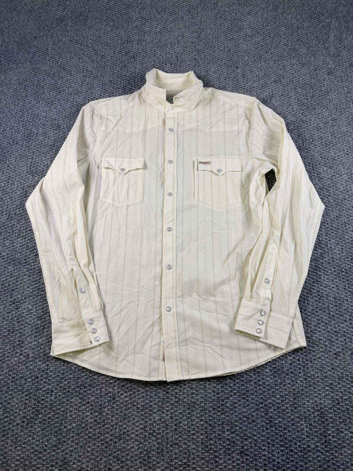 Sendero Shirt Mens Large White Stripe Long Sleeve Snap Front Band Collar Casual