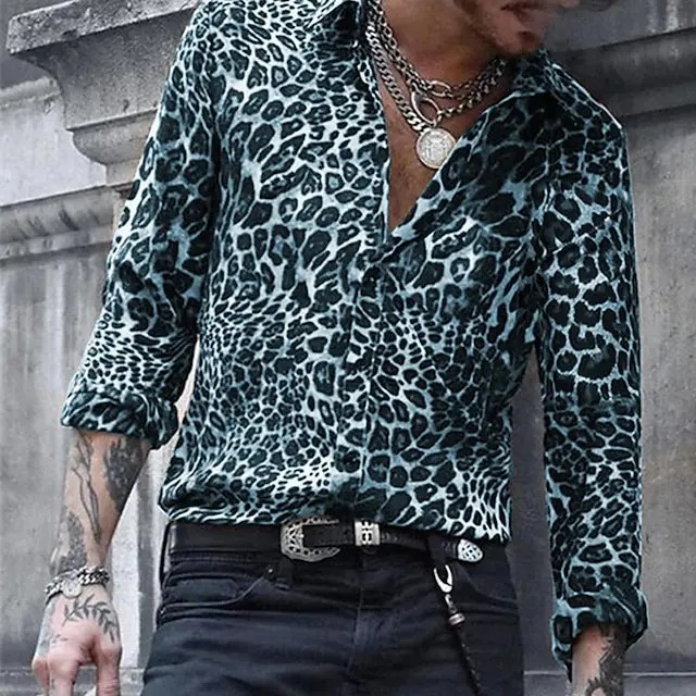 Men Fashion Button Tops Mens Down Vacation Casual Leopard Print Tunic Shirt