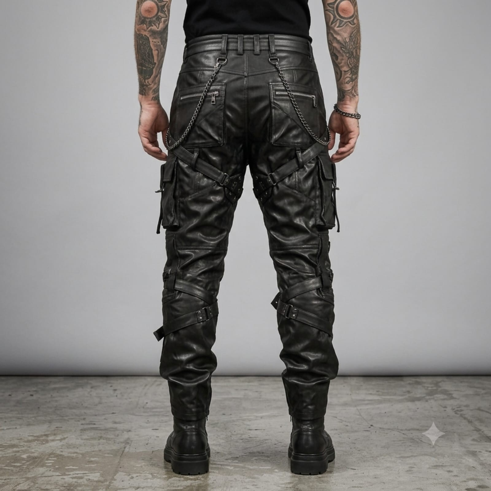 Mens Black Leather Cargo Pants Inspired Gothic Tactical Biker Straps Trousers