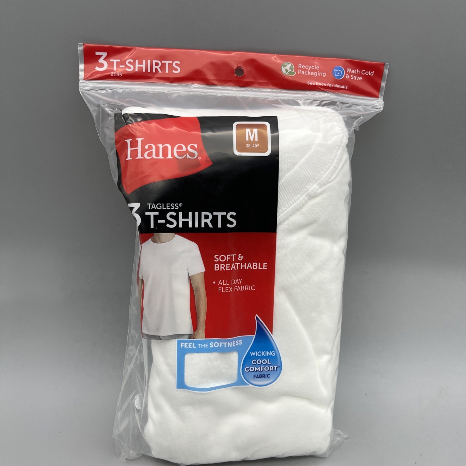 3 Pack Hanes Men’s Crew Neck, Tagless T-Shirts White Size M Brand New