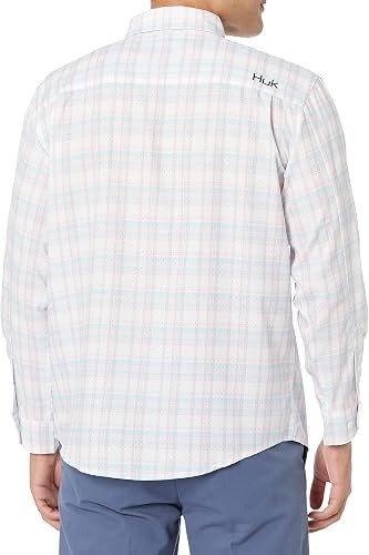 HUK Tide Point Fish Plaid Long Sleeve Button Up Size Large Milky Blue
