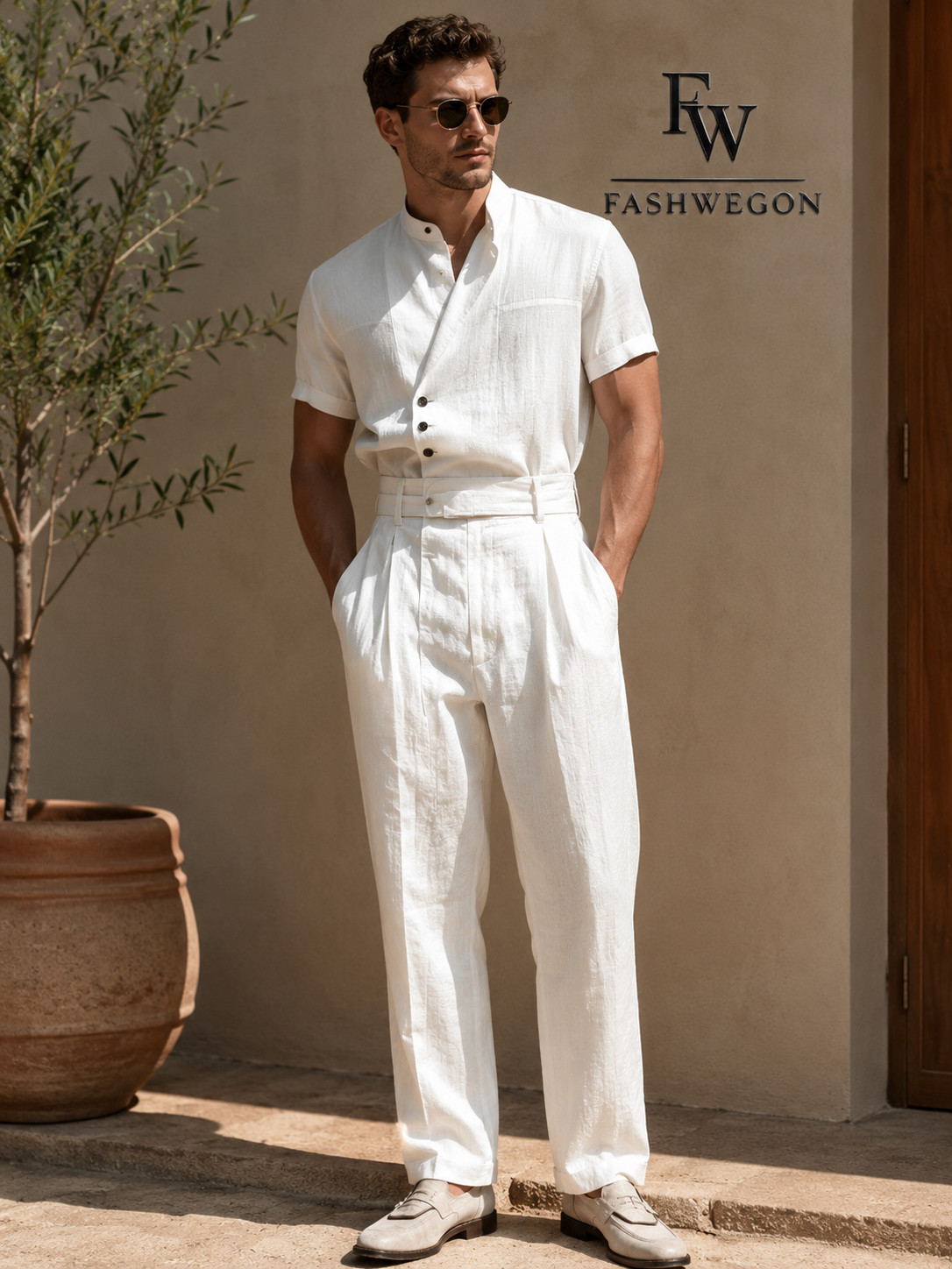 FASHWEGON Men’s White Linen Pleated High Waist Casual Summer Trousers Pants