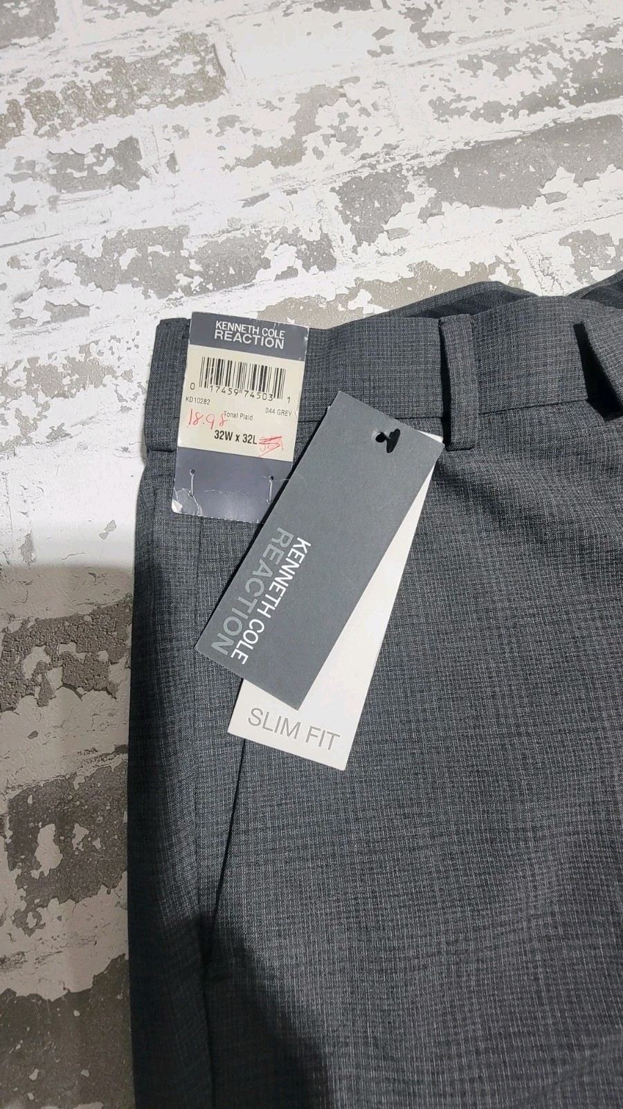 NWT Kenneth Cole Reaction Mens Slim Fit Dress Pants Gray Tonal Plaid 32×32