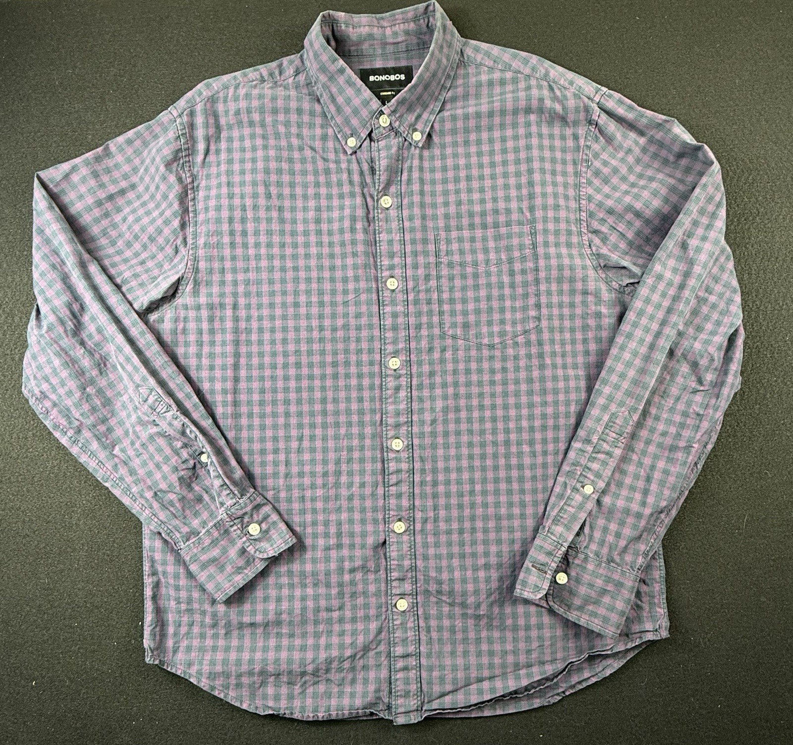 Bonobos Standard Fit Men’s L Purple Blue Check Button-Down Long Sleeve Button-Up