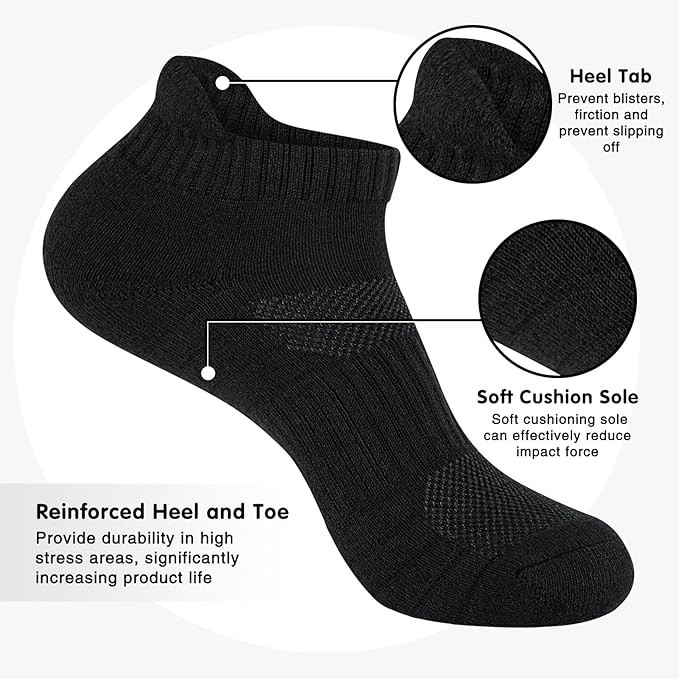 Mens 100% Cotton Ankle Socks, Athletic Cushioned Performance Running Moisture