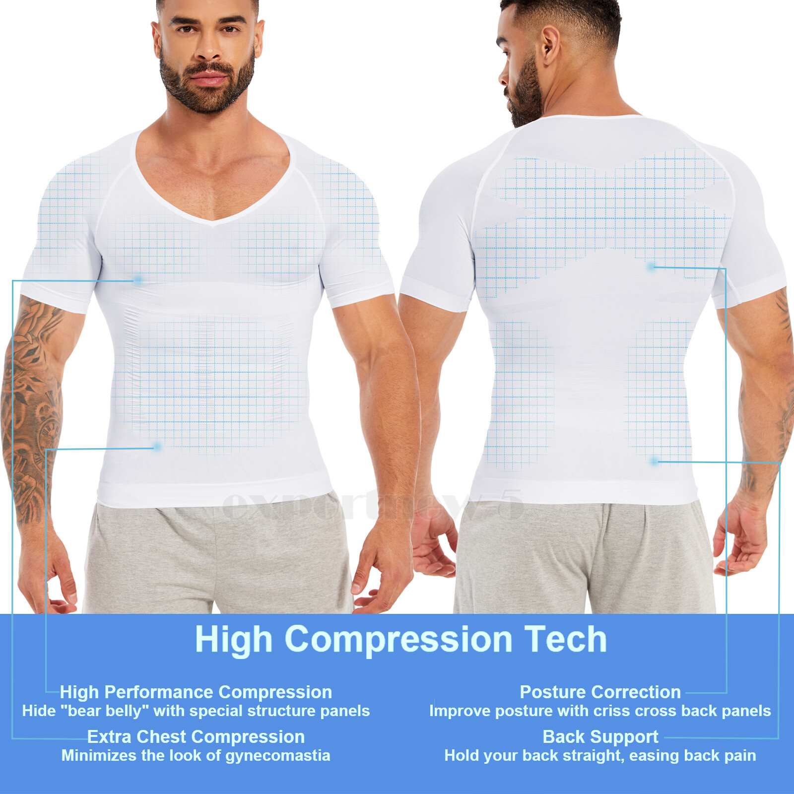V-Neck Compression Posture Corrector T-shirt Men Body Slimming Tummy Body Shaper