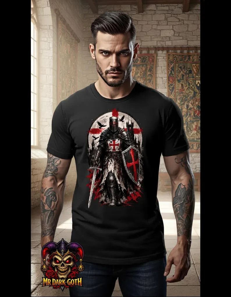 Crusader Knight Illustration T-Shirt | Medieval Shield Cross Tee