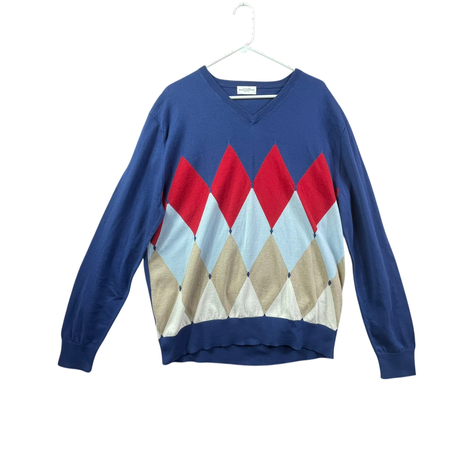 Ballantyne Cashmere Cotton Argyle Sweater Mens Large Blue Lightweight
