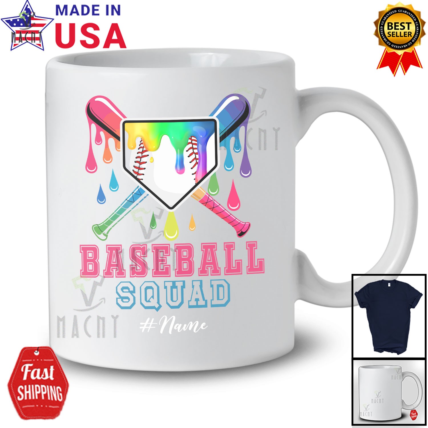 Baseball Squad; Colorful Drip Baseball Equipment; Custom Name Player T-Shirt