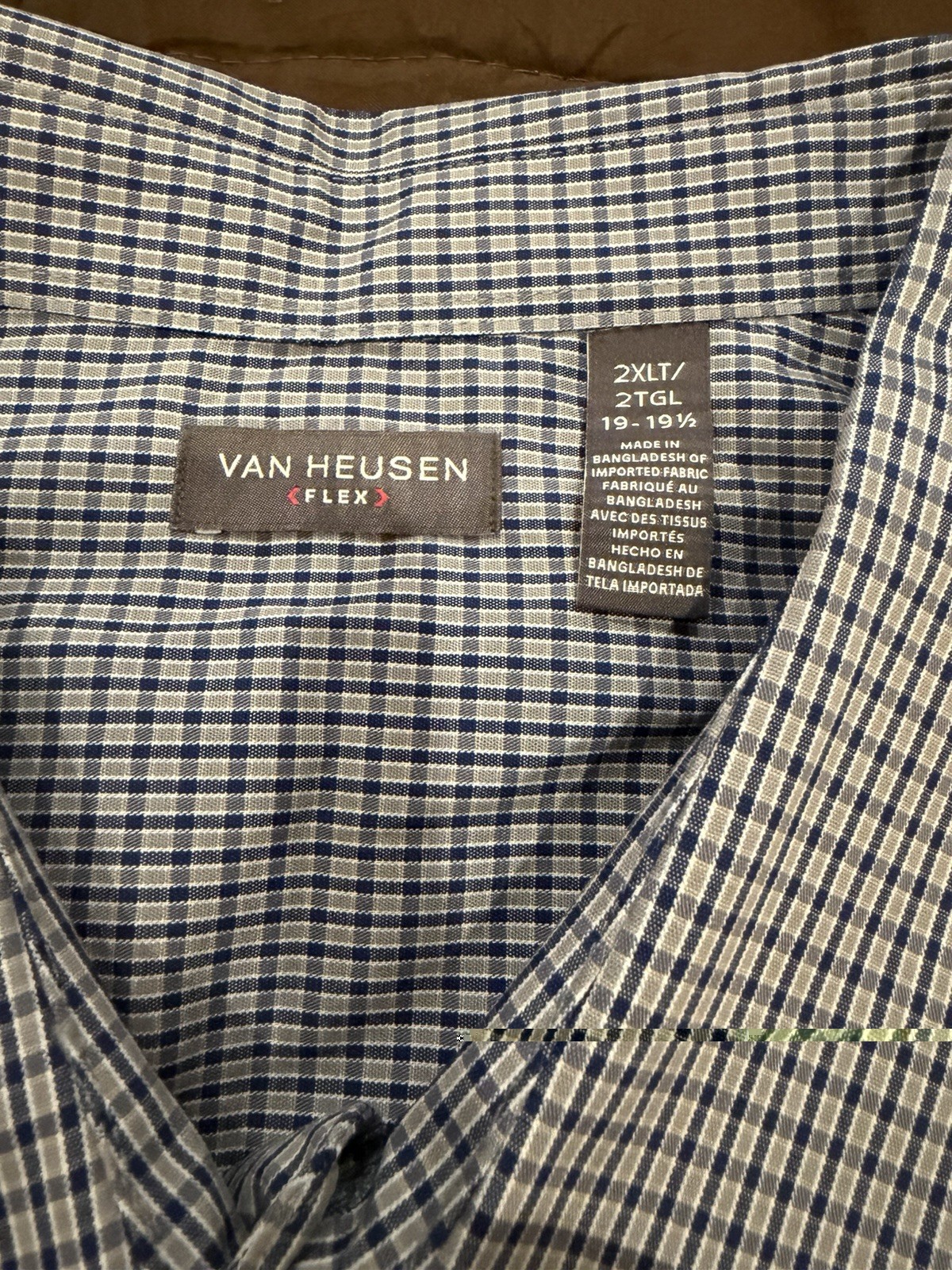 Van Heusen Button Up Shirt Men 2XLT Blue Checker Flex Collar short Sleeve￼