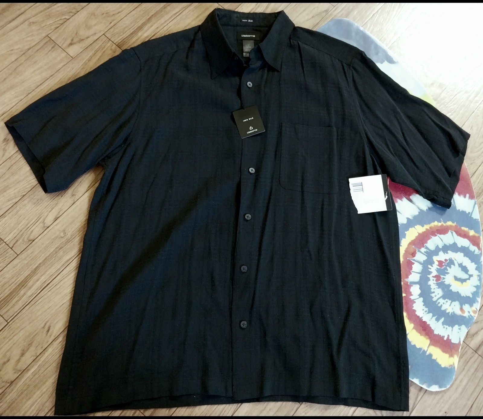 NWT Claiborne SILK mens shirt vtg short sleeve Black button large old money