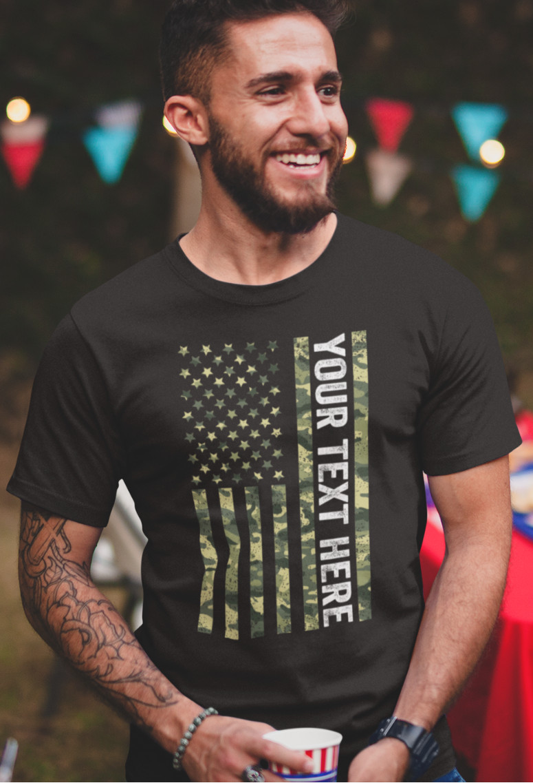Custom Made Shirt USA Camo Flag Patriotic Personalized T-shirt Your Own Text