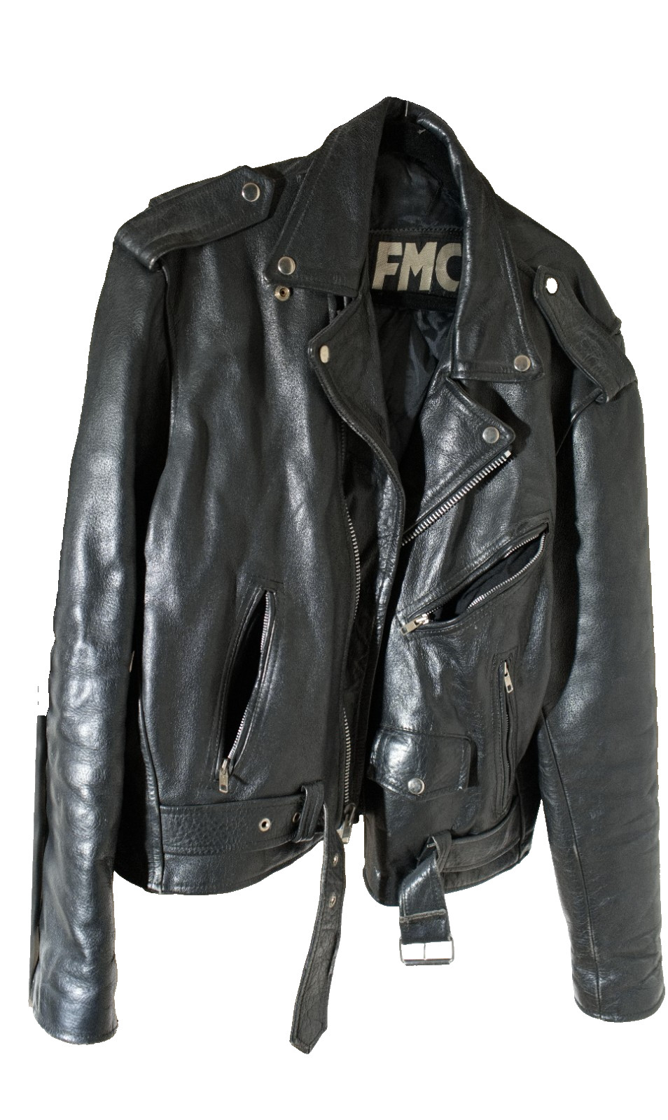 FMC Men’s Black Leather Motorcycle Biker Jacket Size 46 Classic Moto Zip Belted