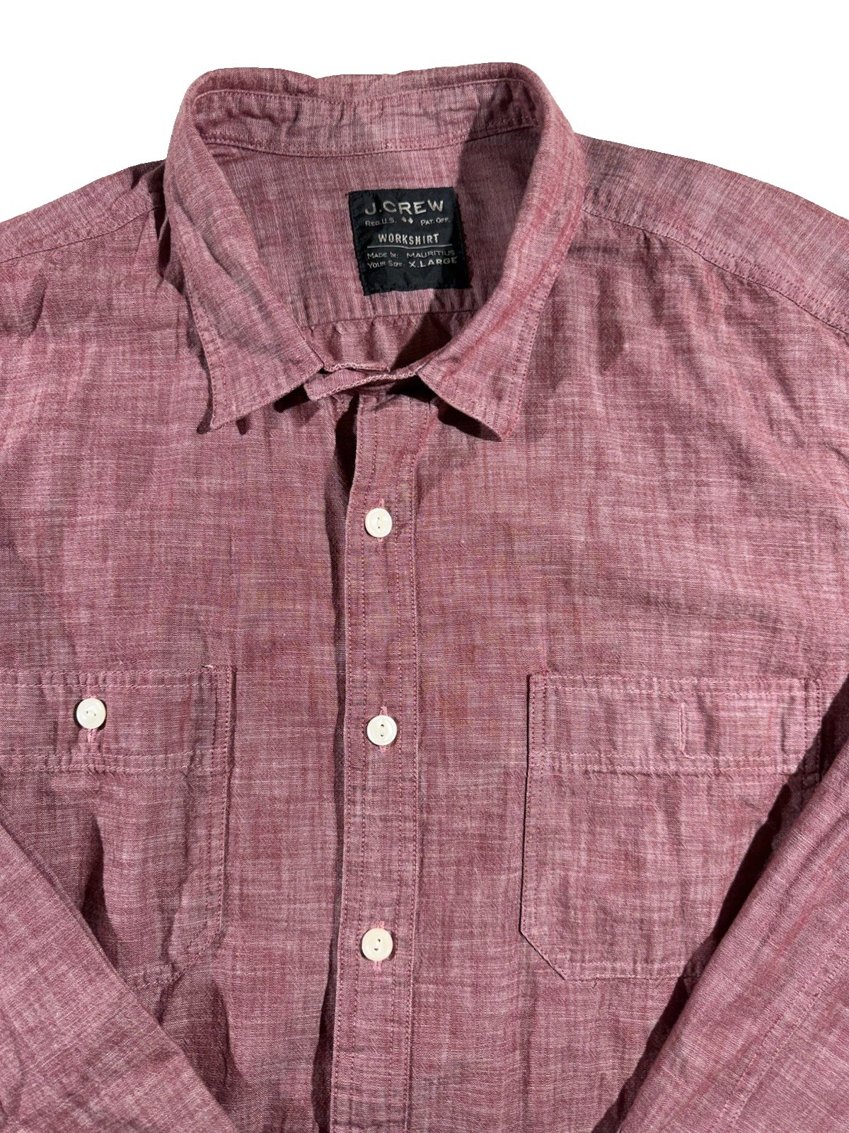 J Crew Shirt Mens X-large Red Chambray Utility Loop Collar Chin Strap Workshirt