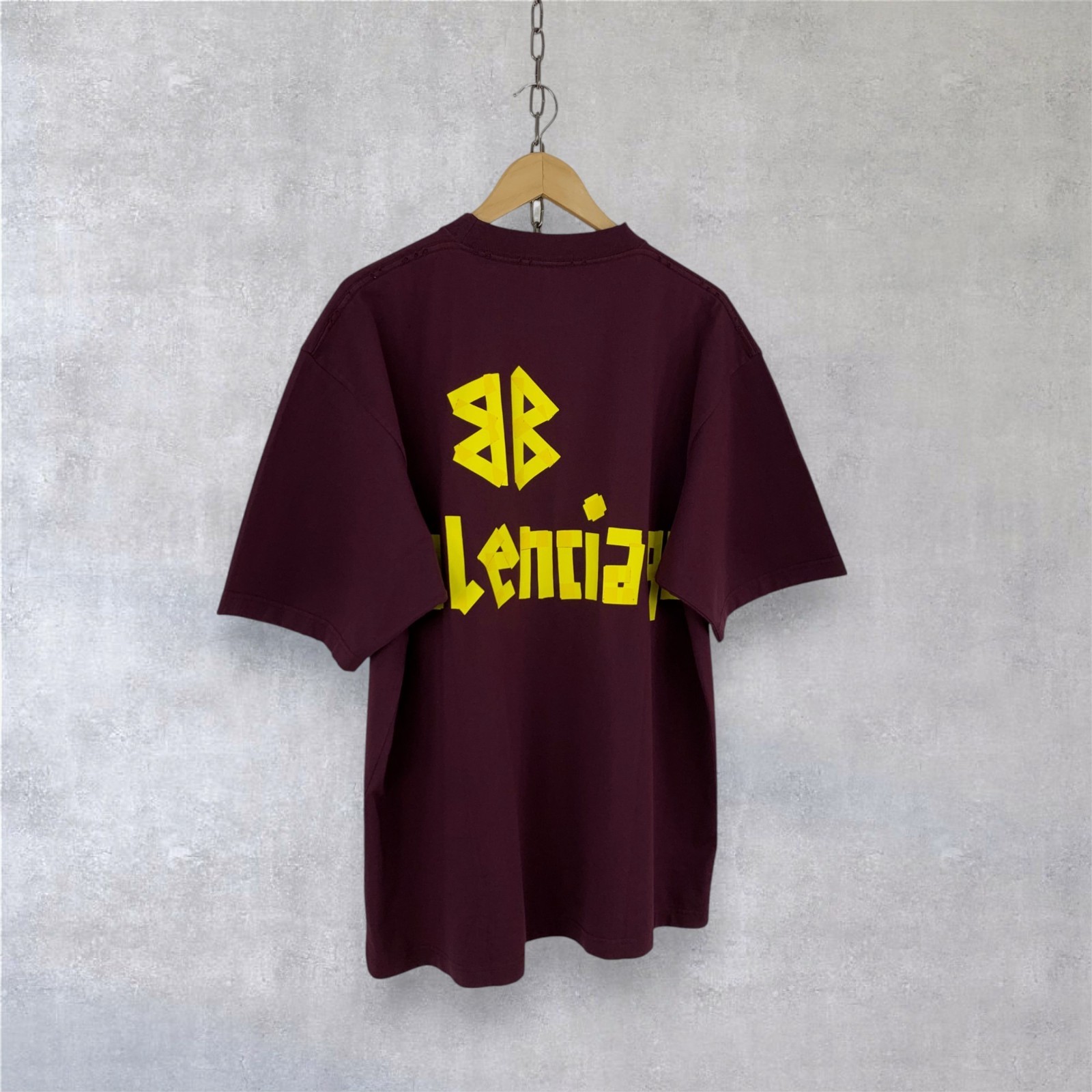 Balenciaga Tape Type Logo Cotton Crewneck Short Sleeve Burgundy T-shirt Size M