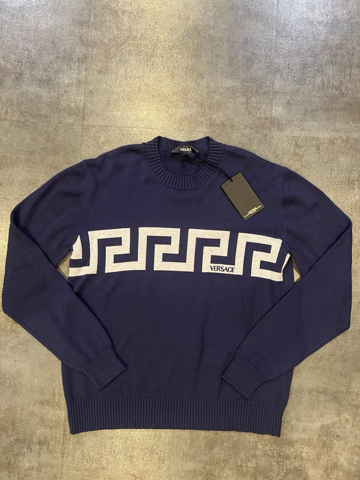 Versace Greca Knit Cotton Sweater Blue 50 Euro (Large) 1021724 NWT $1125