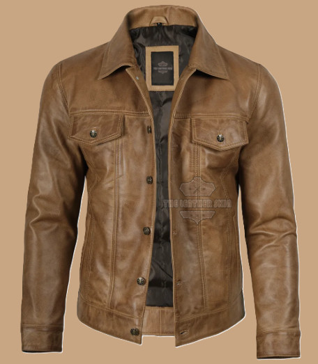 Men’s Vintage Brown Genuine Leather Trucker Jacket – Jeans Style Leather Jacket