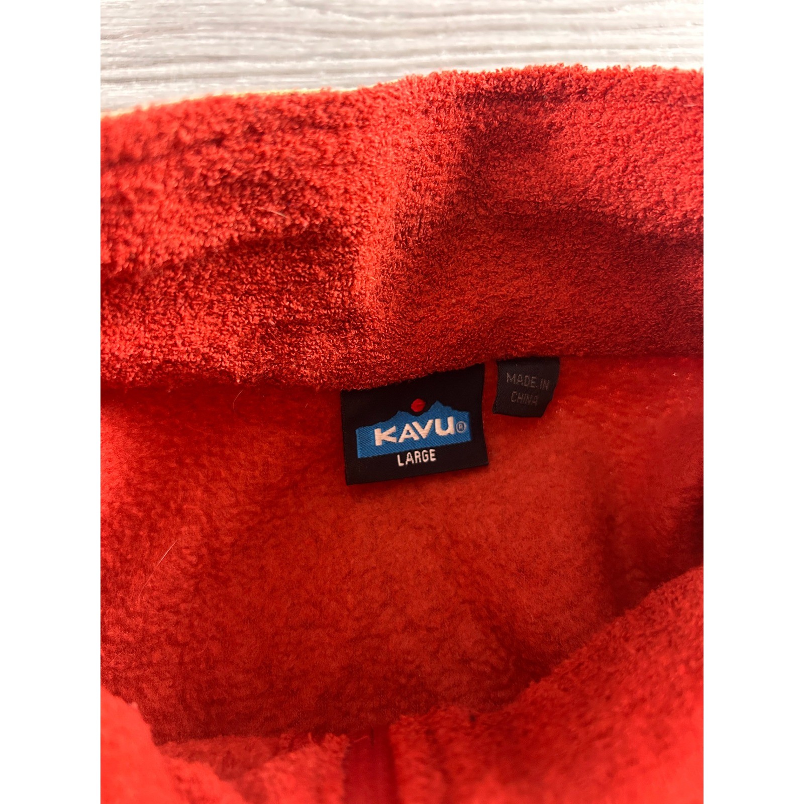 KAVU Mens Full Zip Fleece Jacket Burnt Orange Red Corduroy Trim Elbow Patches L