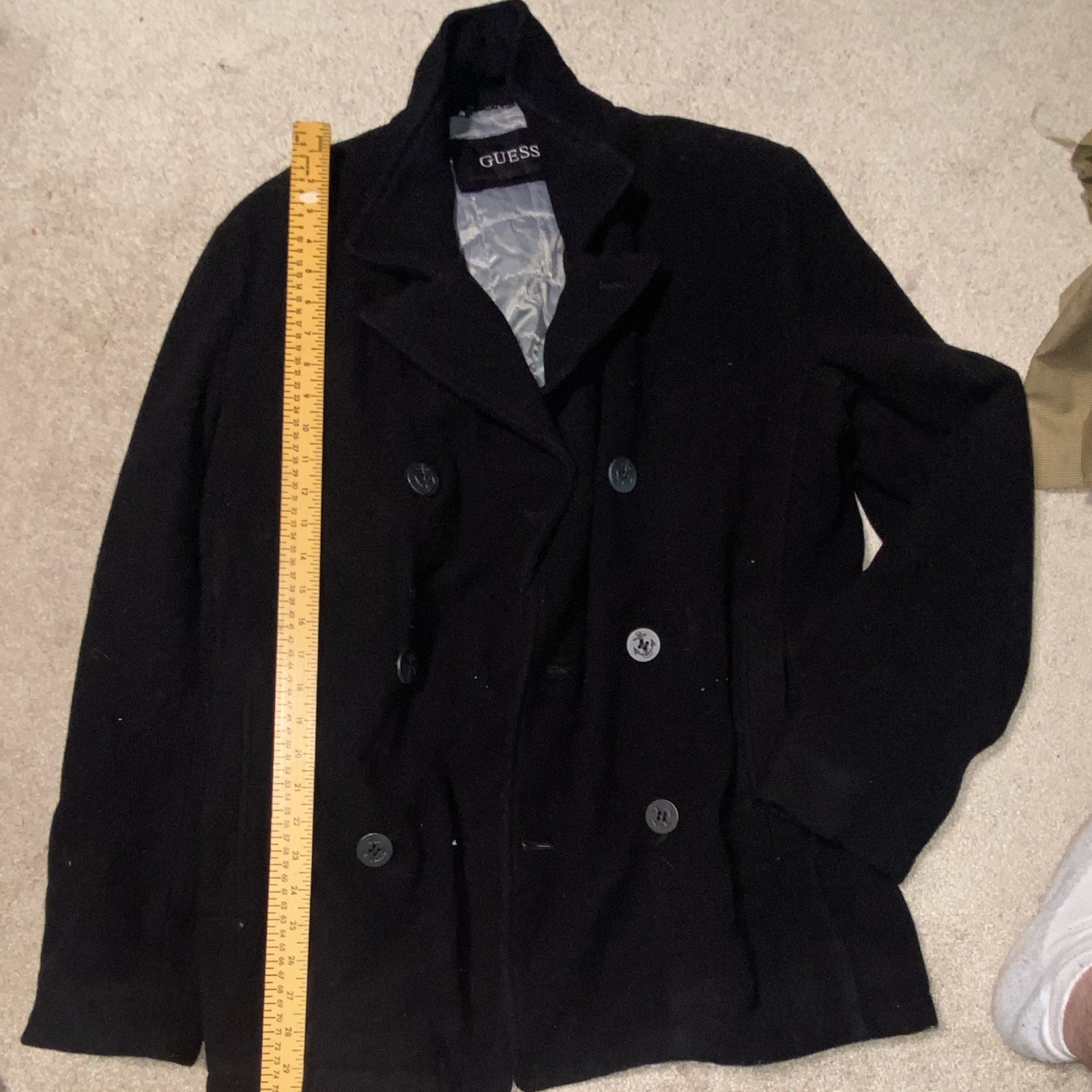 GUESS Men’s Black Button-Front Lined Pea Coat Notch Collar Size L