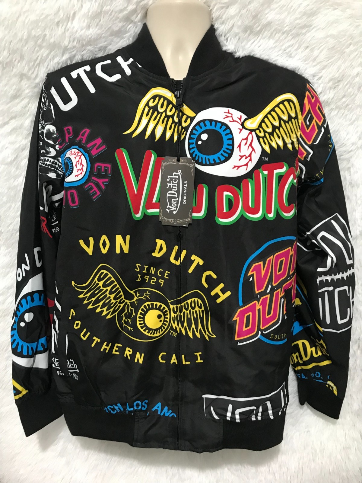 Von Dutch Men’s Size L Multi-Color Full-Zip All Over Icon Print Varsity Jacket