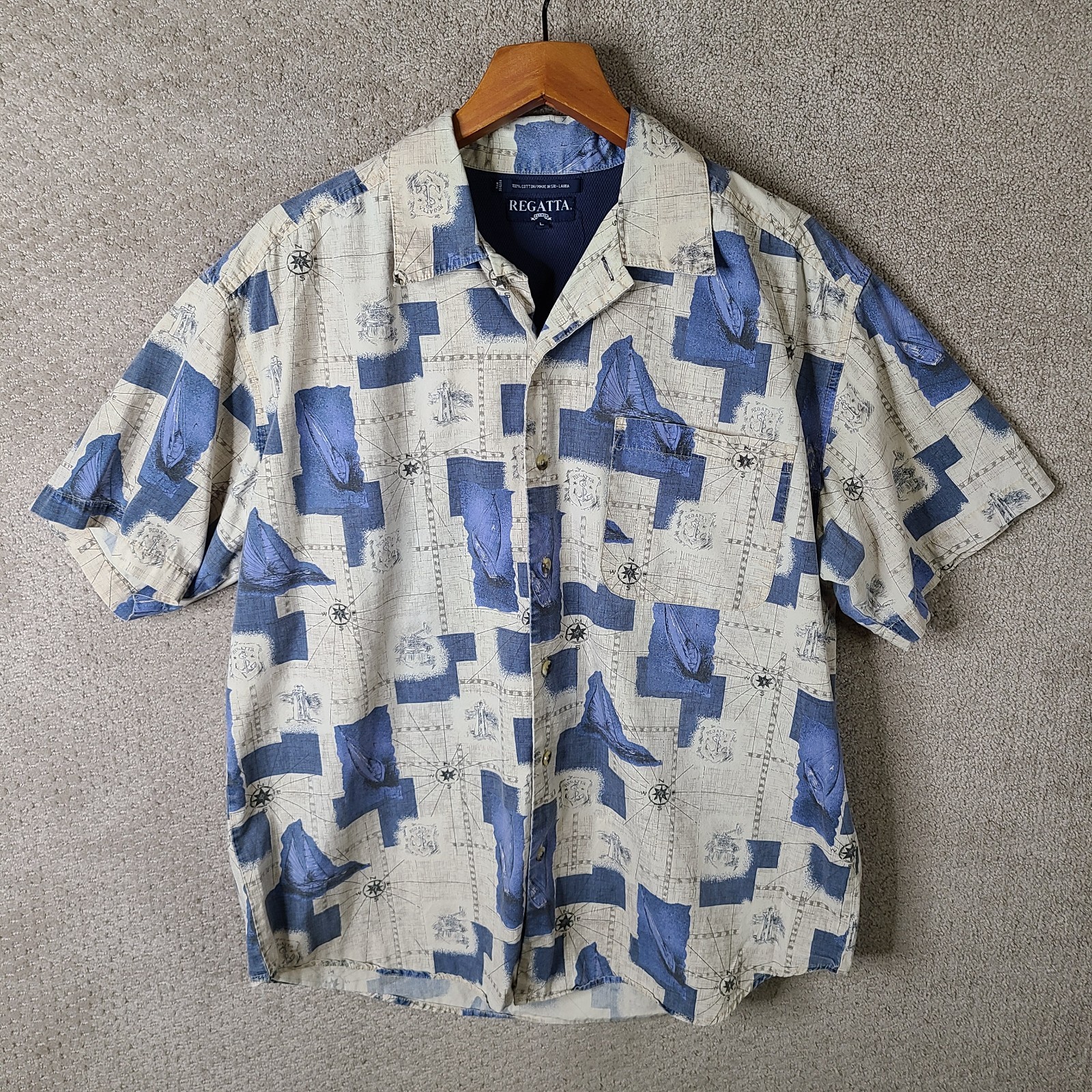 Vintage Regatta Shirt Mens L Beige Blue Button Down Sailing Nautical Boat Print