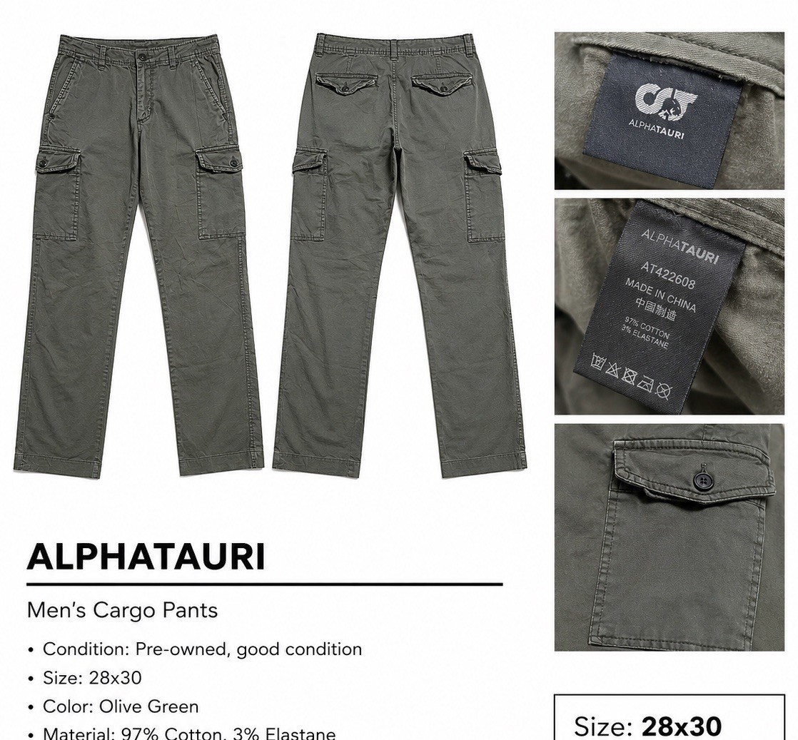 ALPHATAURI Men’s Olive Green Cargo Pants 28 Straight Fit Canvas Pockets