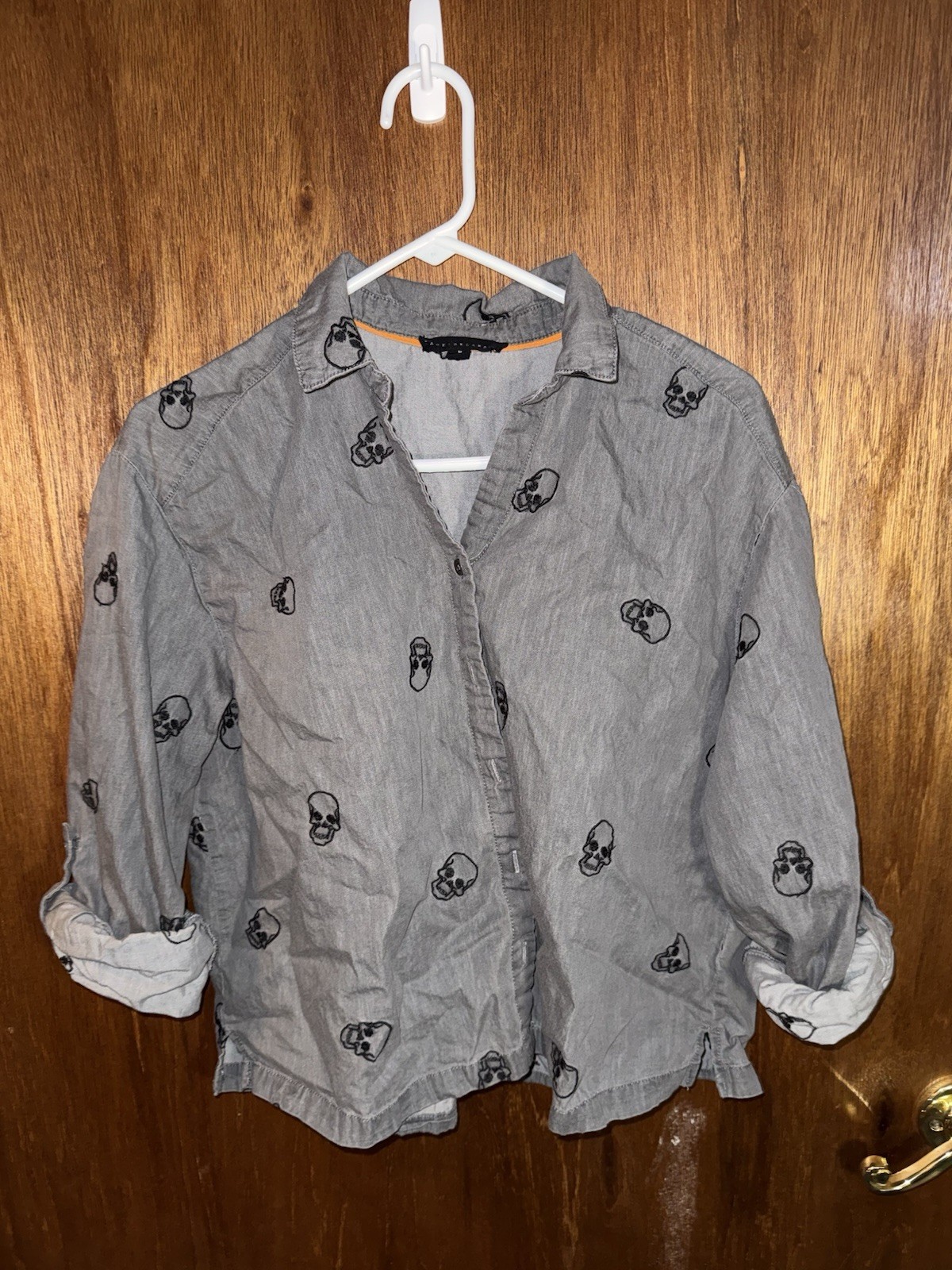 Jane + Delancey M Gray/Black Skull Stitch Long Sleeve Point Collar Button-Up