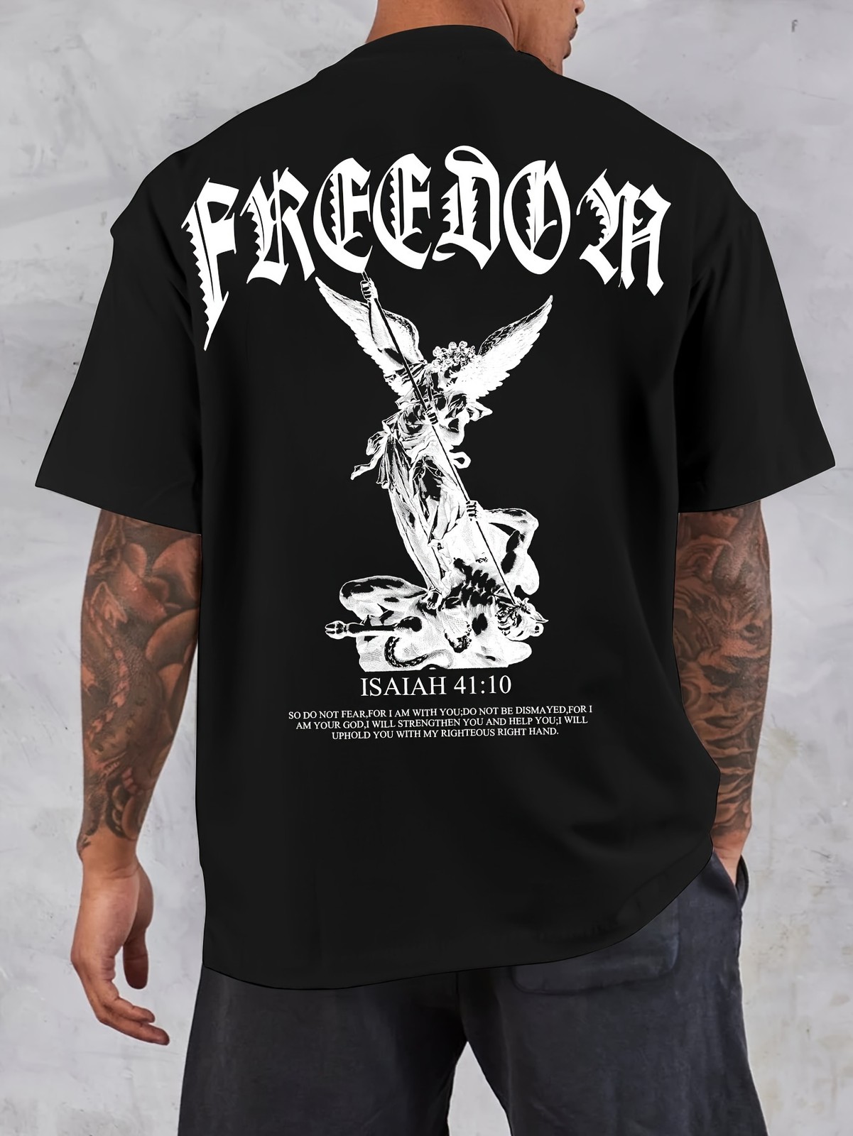 Freedom Angel Graphic T-Shirt Men Christian Isaiah 41:10 Faith Tee