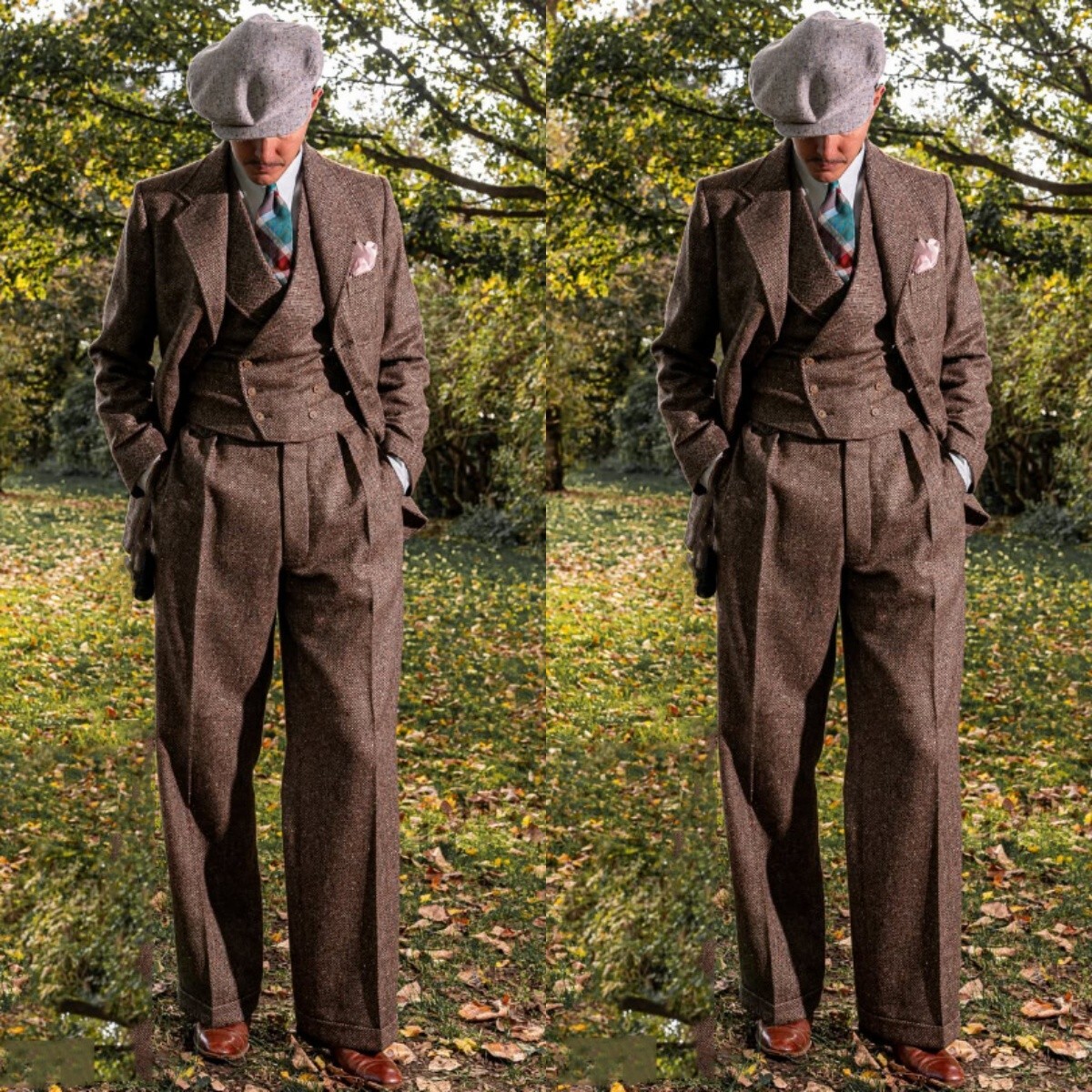 Vintage Tweed Mens Suits Wool Blend Blazer 3Pcs Cuffed Pants Prom Party Tuxedos