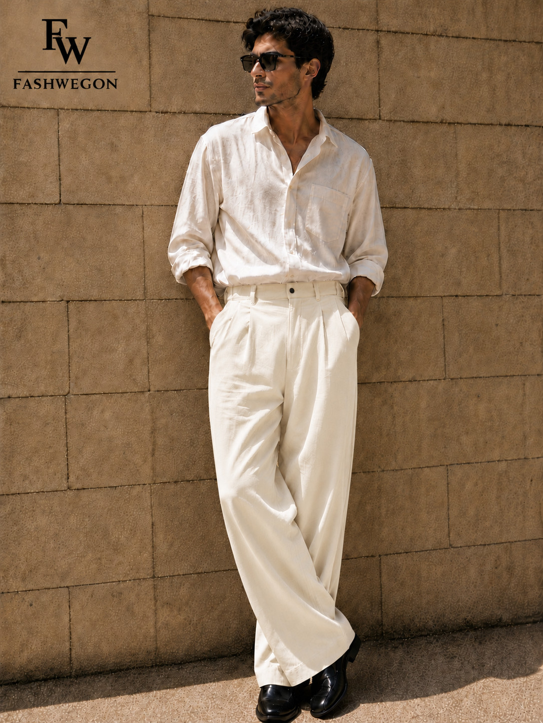 FASHWEGON Men’s Ivory Pleated Linen Blend Trousers – Premium Relaxed Fit