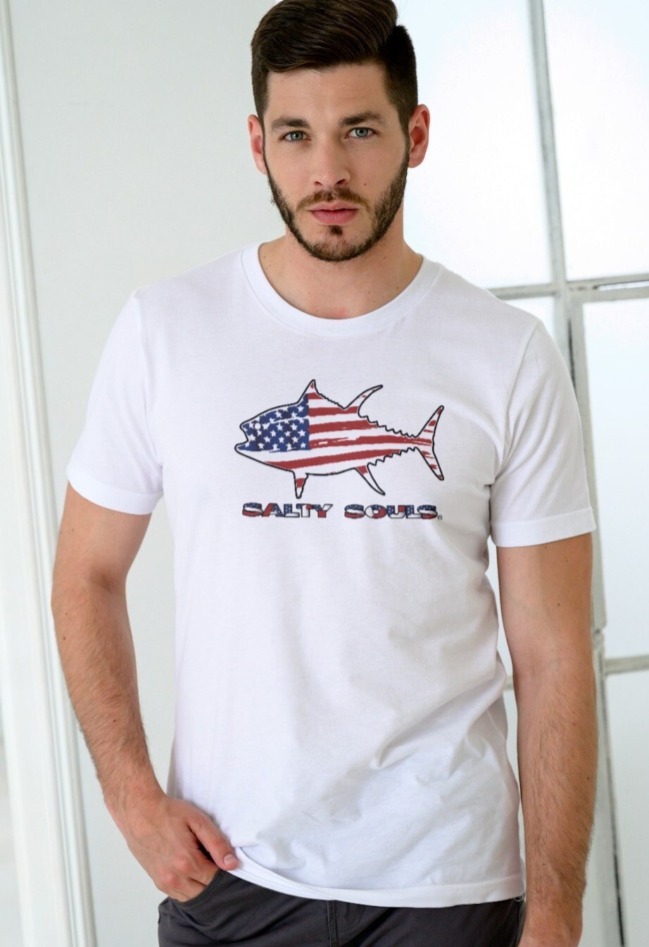 Salty Souls Patriotic Stars and Stripes Flag Tuna Shaped Vintage Logo T-shirt