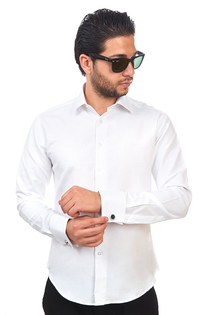 Tailored / Slim Fit Mens French Cuff White Dress Shirt Wrinkle-Free By AZAR MAN