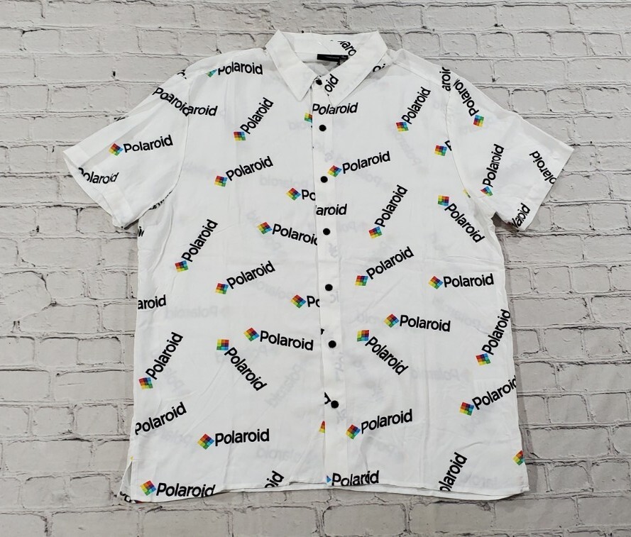 Polaroid Logo All Over Print Button Up Shirt MENS SIZE MEDIUM