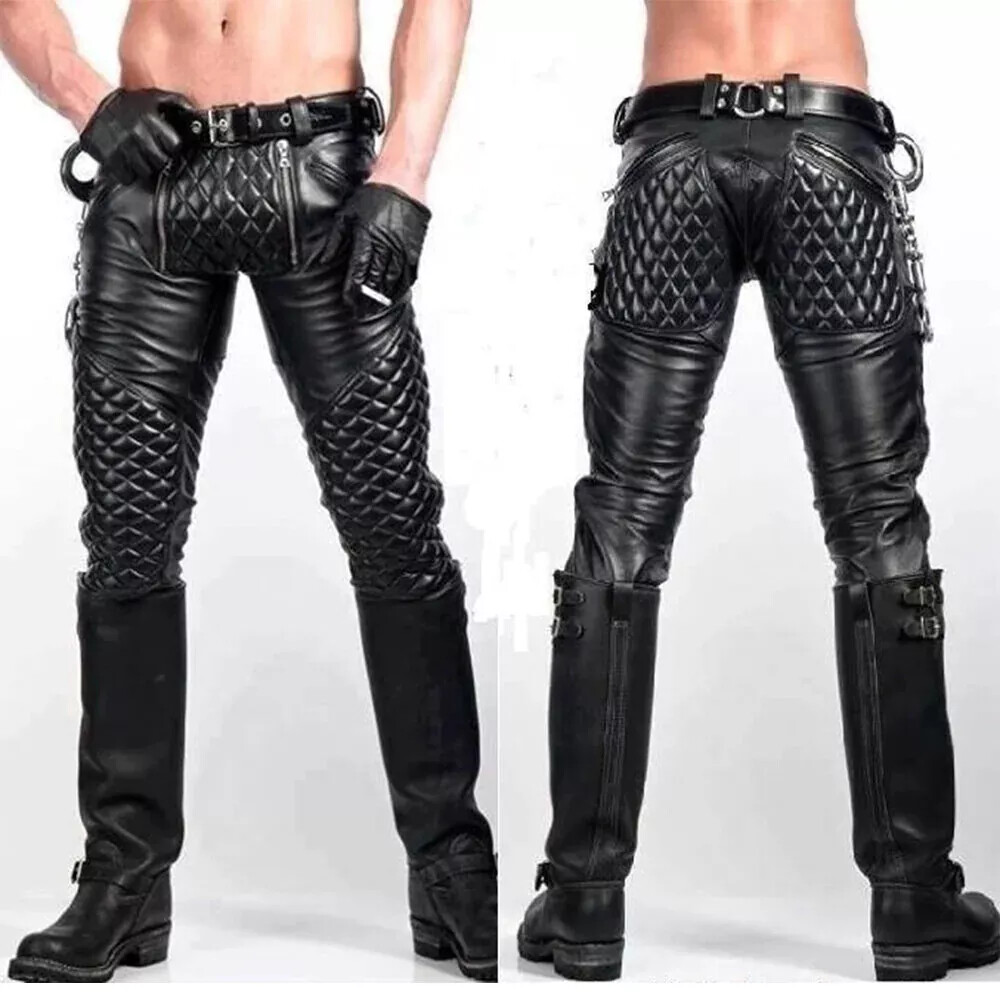Men’s Real Leather Pants Bikers Cowhide Sailor Jeans Trousers Padded Gay Cuir