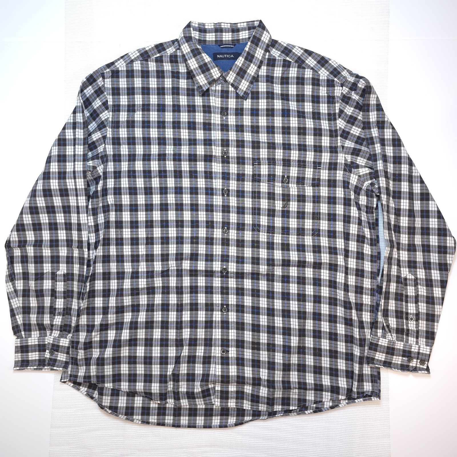 Nautica Shirt Mens Size XXL Blue White Long Sleeve Plaid Pattern Button Up Shirt