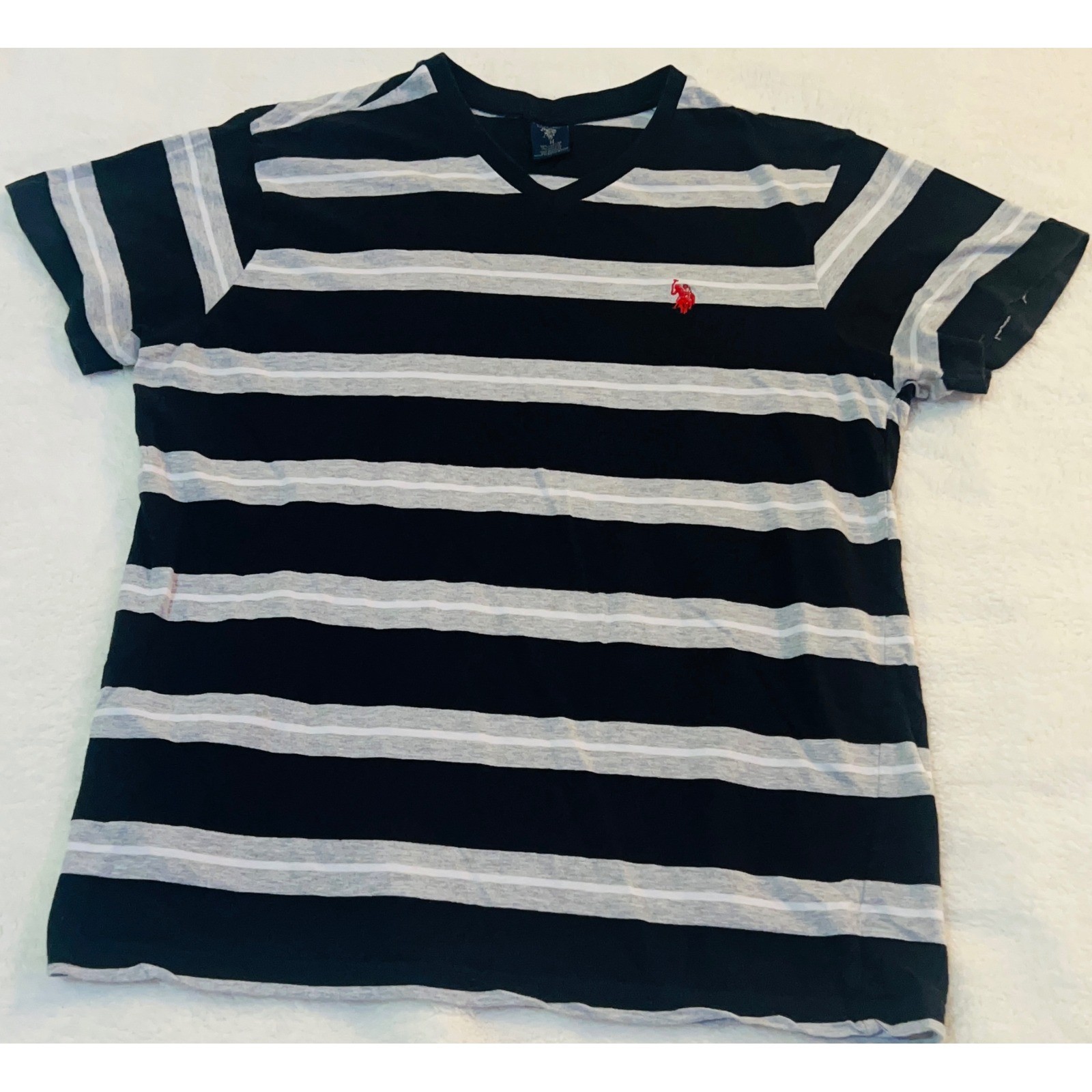 US Polo Assn Mens V-Neck T-Shirt Black Grey Striped Short Sleeve Logo Size M