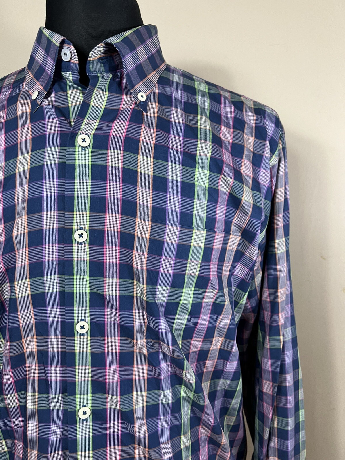 Peter Millar L Large Shirt Blue Plaid Button Down Front Cotton Long Sleeve V8