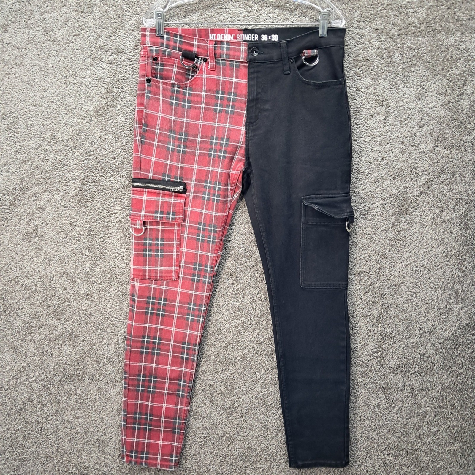 HT Denim Stinger Split Leg Black Red Plaid Skinny Cargo Pants Mens 36×30 D-Ring