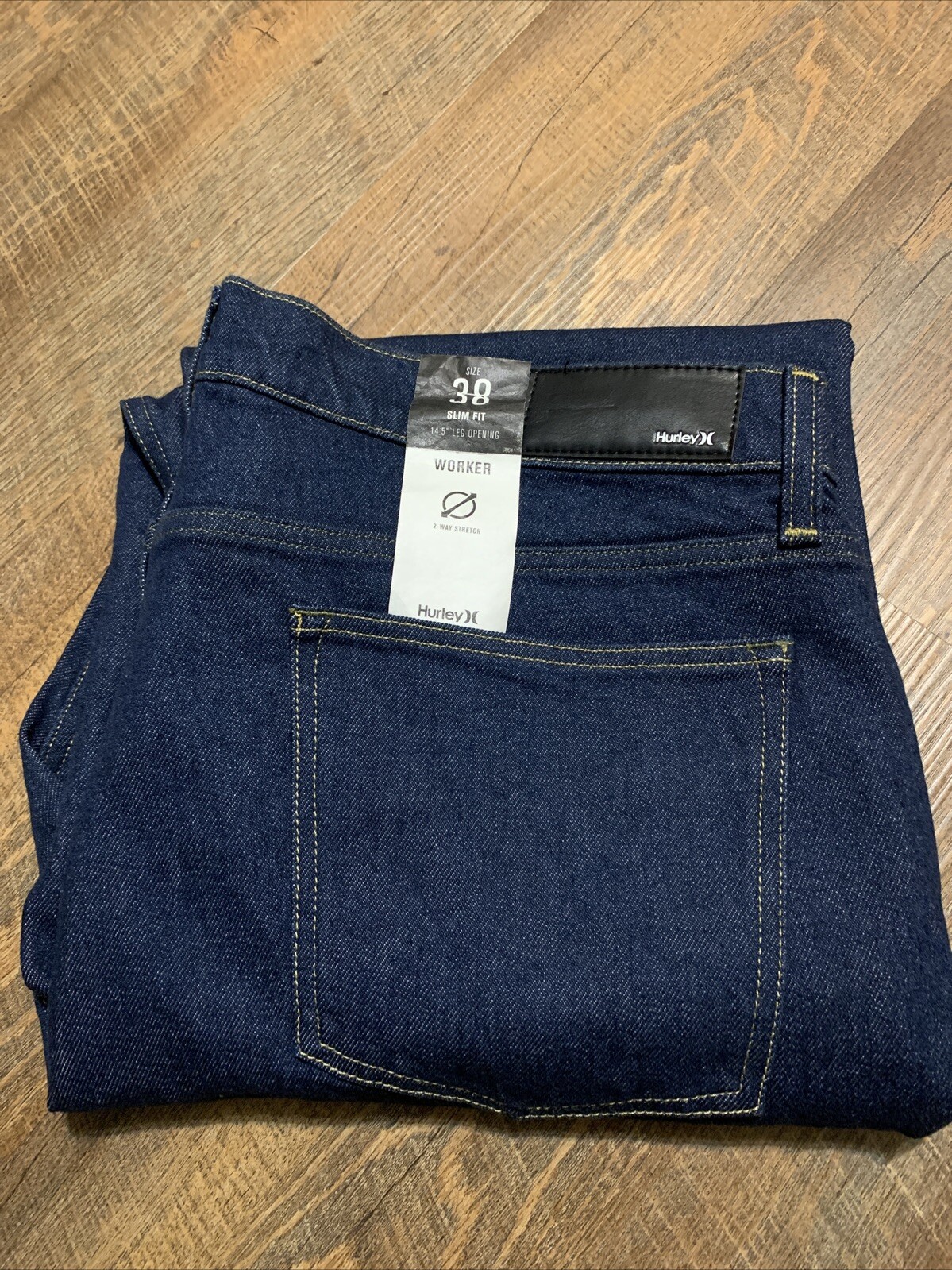 NEW Hurley Slim Fit Worker Denim Work Blue Jeans Stretch Sz 38×30 Dark Wash Flex