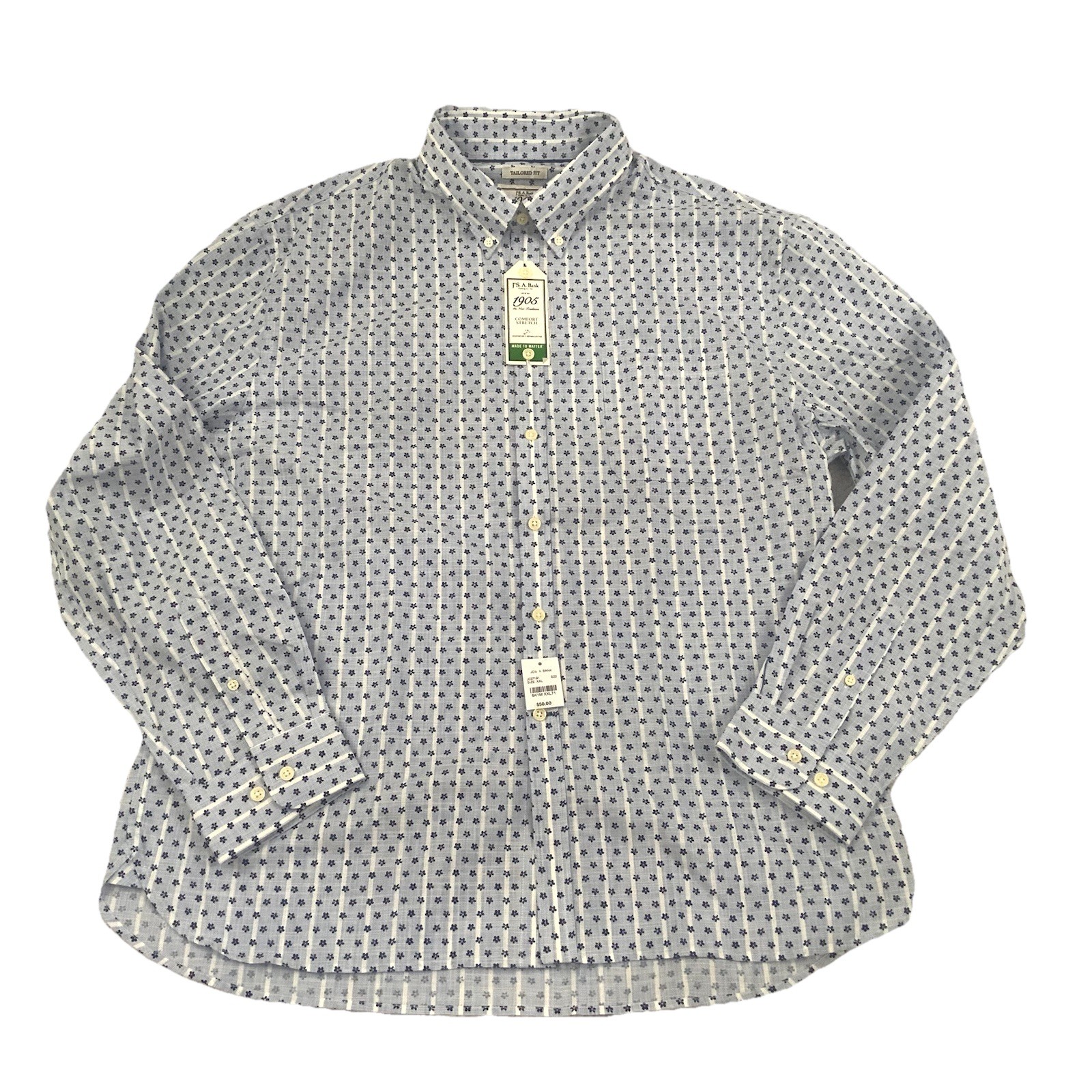 Jos A. Bank XXL Shirt Button Down Tailored Fit Comfort Stretch Blue Print Cotton