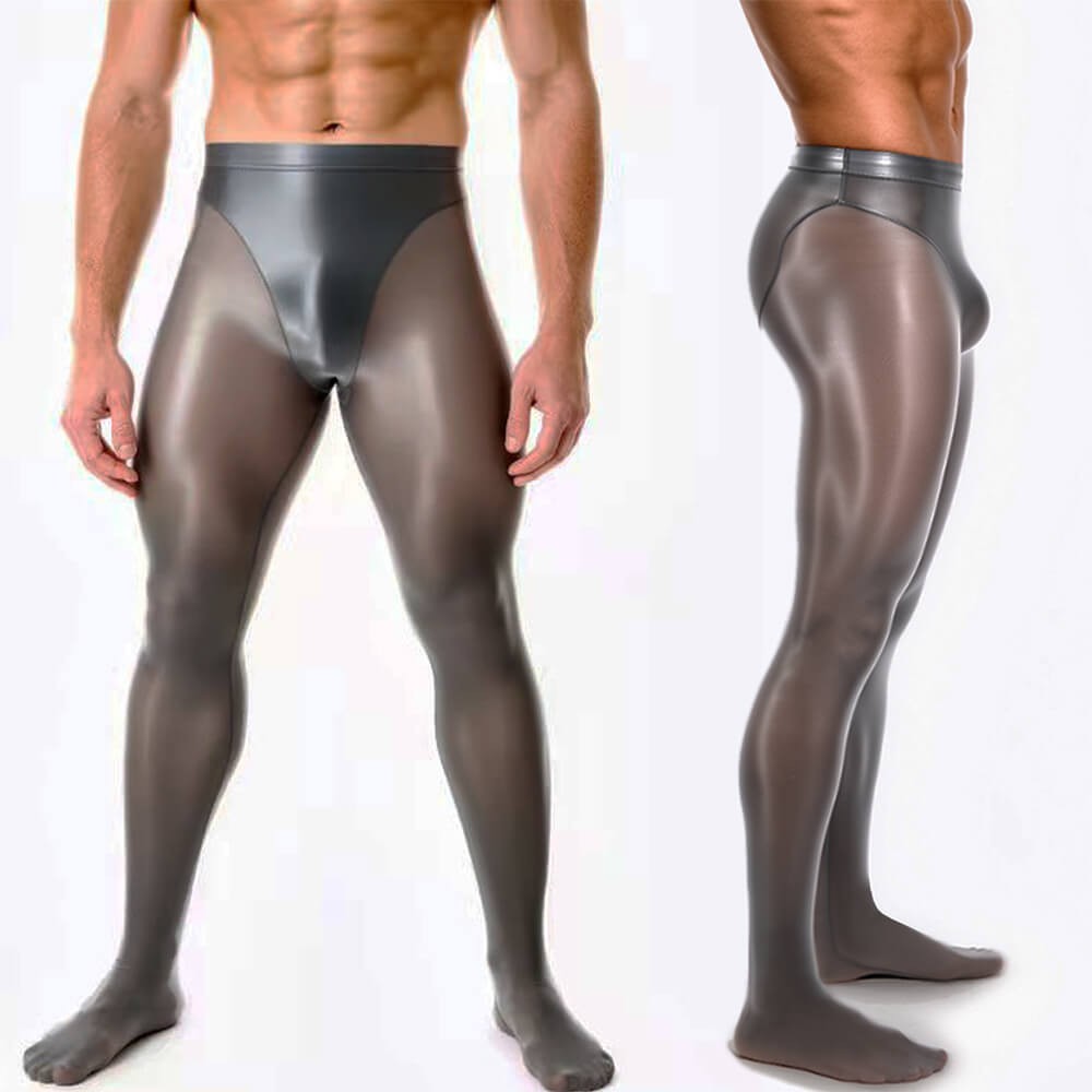 Men’s Sheer Oil Shiny Glossy Pantyhose Footed Tights Patchwork Briefs Underwear