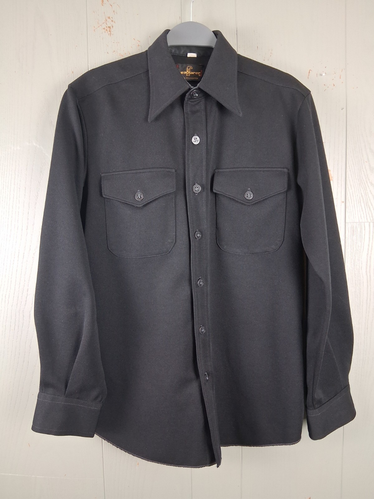VINTAGE Seafarer US Navy Shirt Black Twill Polyester Anchor Button Down Military